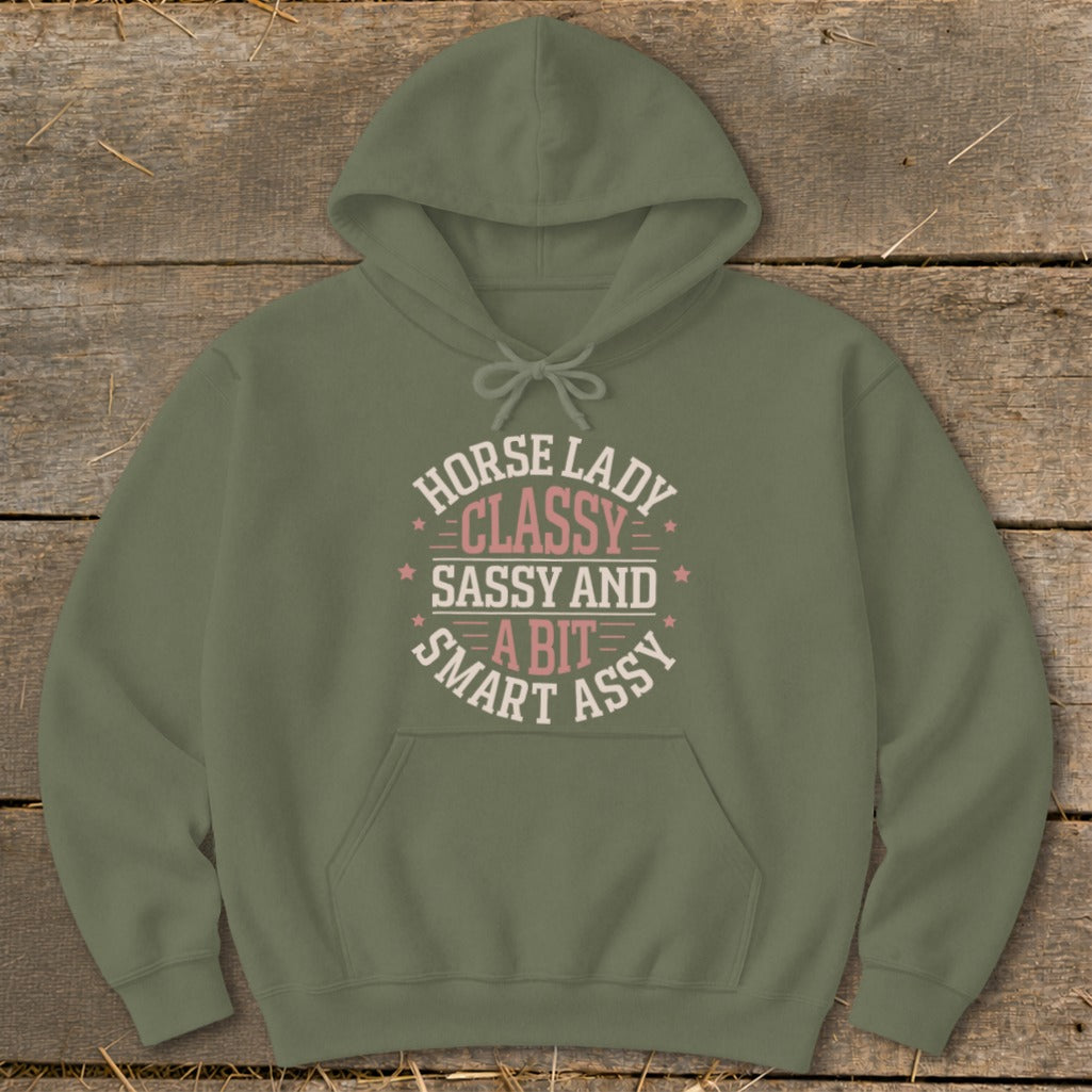 Green hoodie with "Horse Lady Classy Sassy and a Bit Smart Assy" text design.