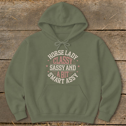 Green hoodie with "Horse Lady Classy Sassy and a Bit Smart Assy" text design.