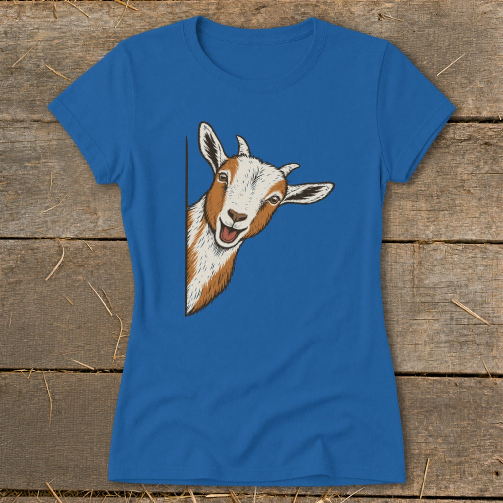 Blue t-shirt with a smiling cartoon goat peeking from the side.