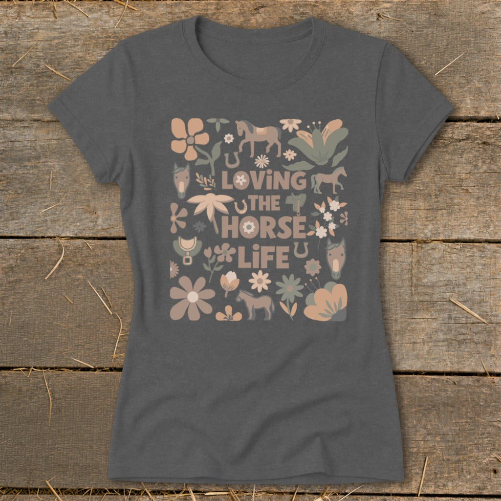 Gray t-shirt with "Loving the Horse Life" text and equestrian graphics.