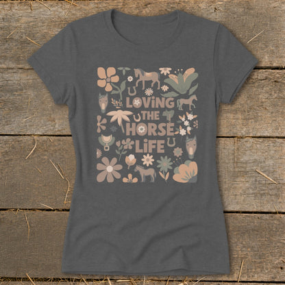 Gray t-shirt with "Loving the Horse Life" text and equestrian graphics.