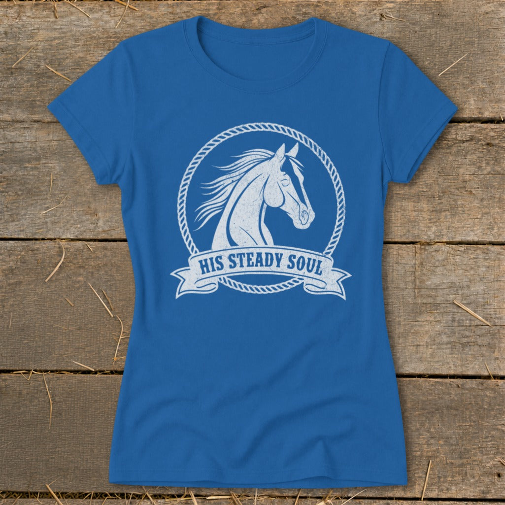 Blue t-shirt with white horse graphic and text "His Steady Soul".