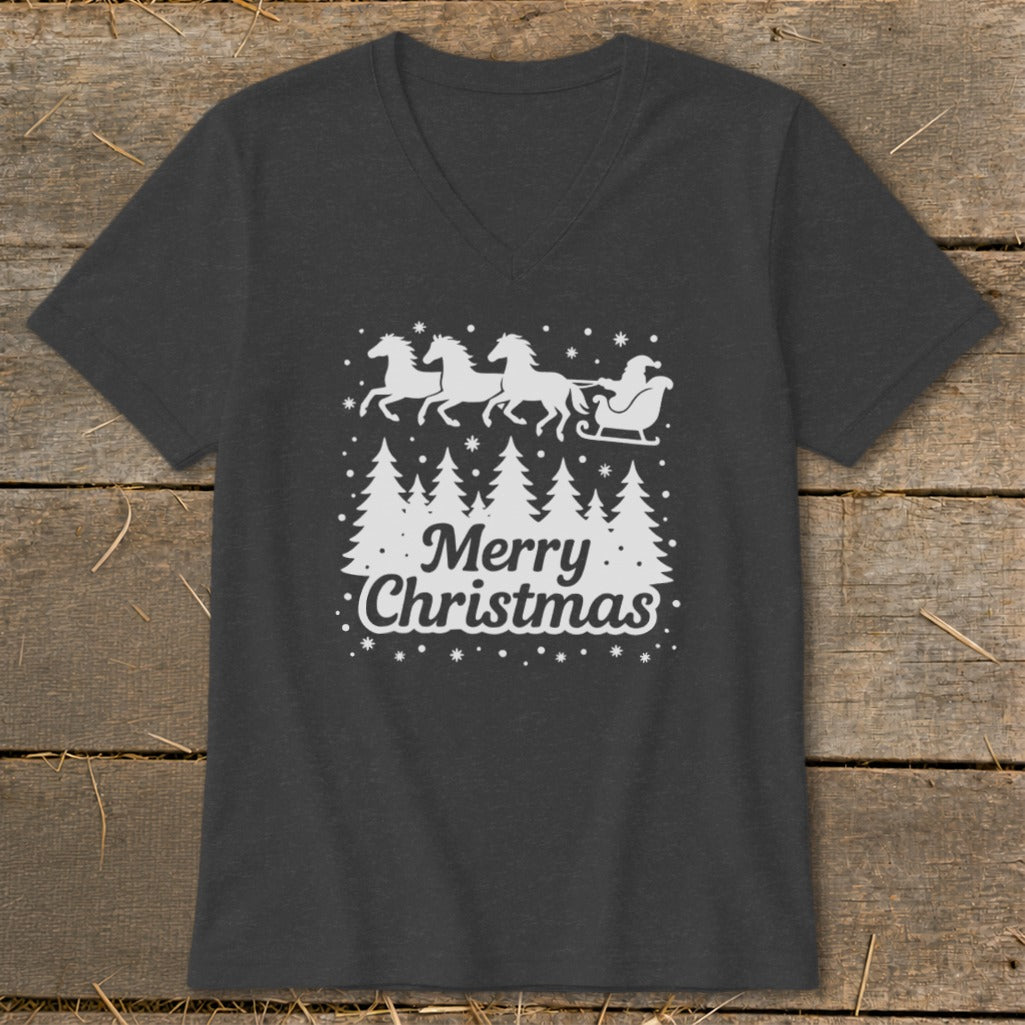 Dark grey t-shirt with white Christmas design: horses pulling sleigh, trees, and "Merry Christmas" text.