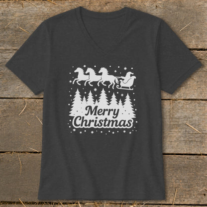 Dark grey t-shirt with white Christmas design: horses pulling sleigh, trees, and "Merry Christmas" text.