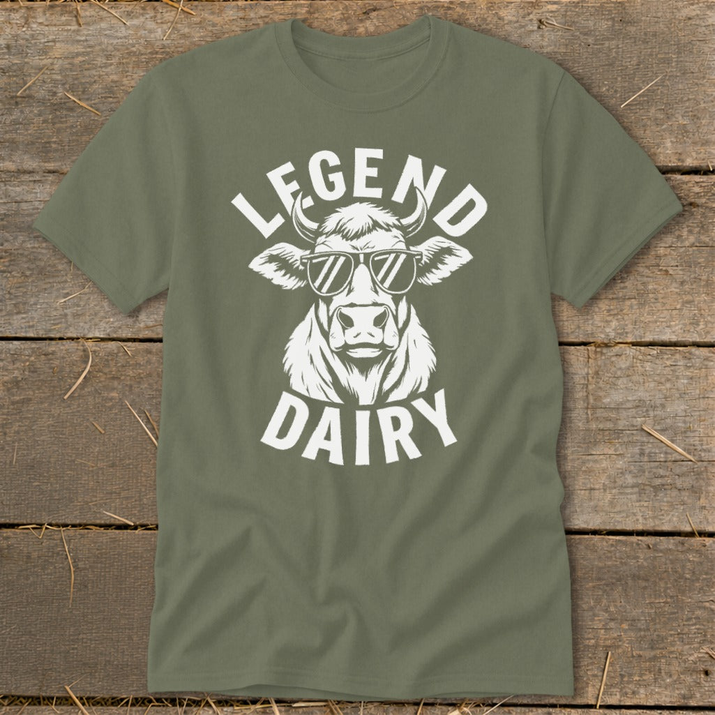T-shirt with white graphic of cow wearing sunglasses and text "LEGEND DAIRY".