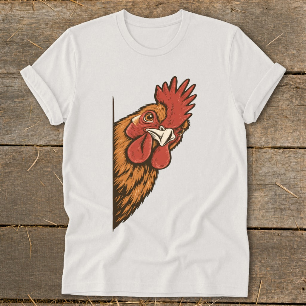 White t-shirt featuring a graphic of a rooster peeking from the side.