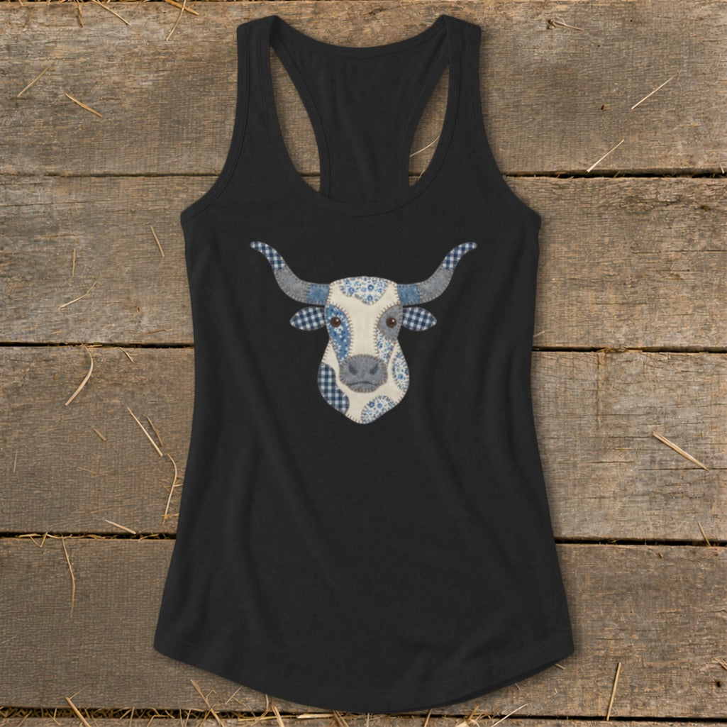 Black tank top featuring a patchwork longhorn bull head with blue and white patterns.