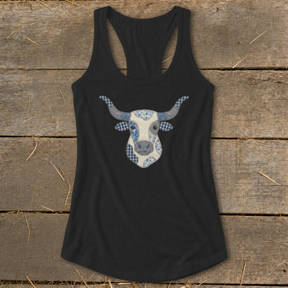 Black tank top featuring a patchwork longhorn bull head with blue and white patterns.