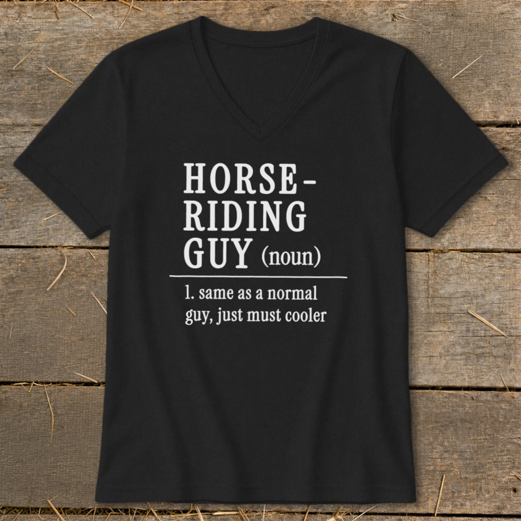 Black t-shirt with "HORSE-RIDING GUY (noun) 1. same as a normal guy, just must cooler" text.
