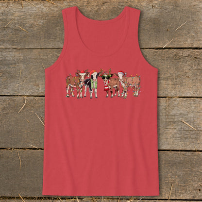 Five cartoon cows wear Santa hats and Christmas lights.
