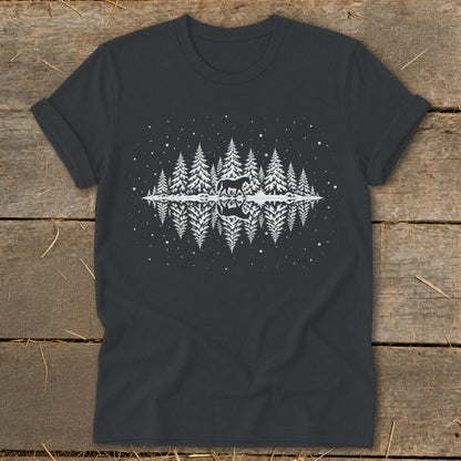 Dark gray t-shirt with white forest and horse reflection design.