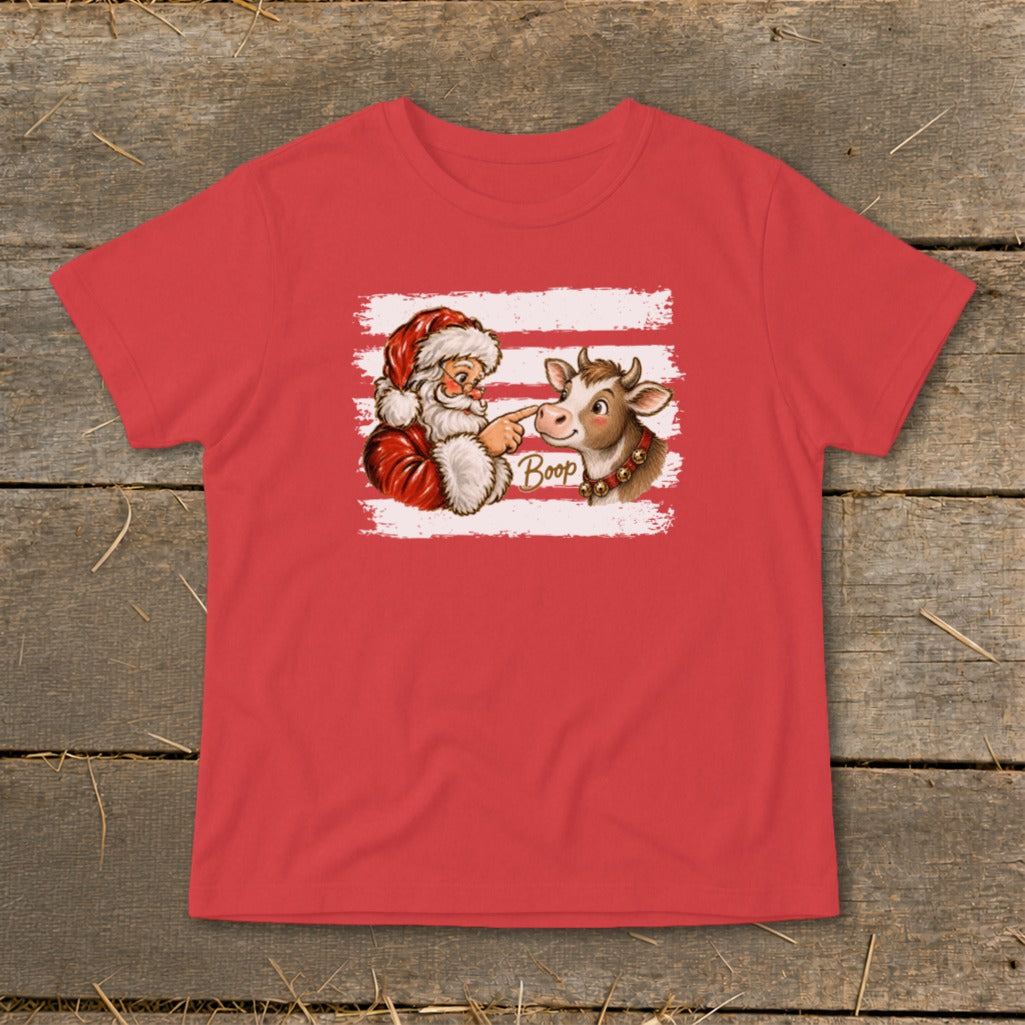 Santa boops a cow's nose, with the word "Boop" written between them.