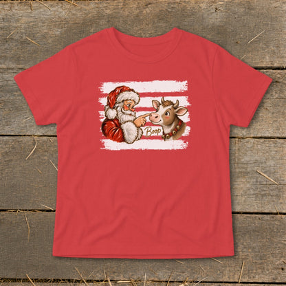 Santa boops a cow's nose, with the word "Boop" written between them.