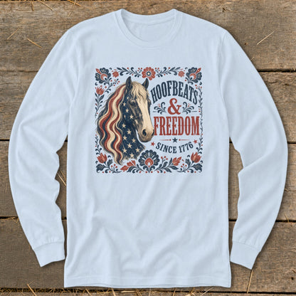 Horse with American flag mane and text "Hoofbeats & Freedom Since 1776".