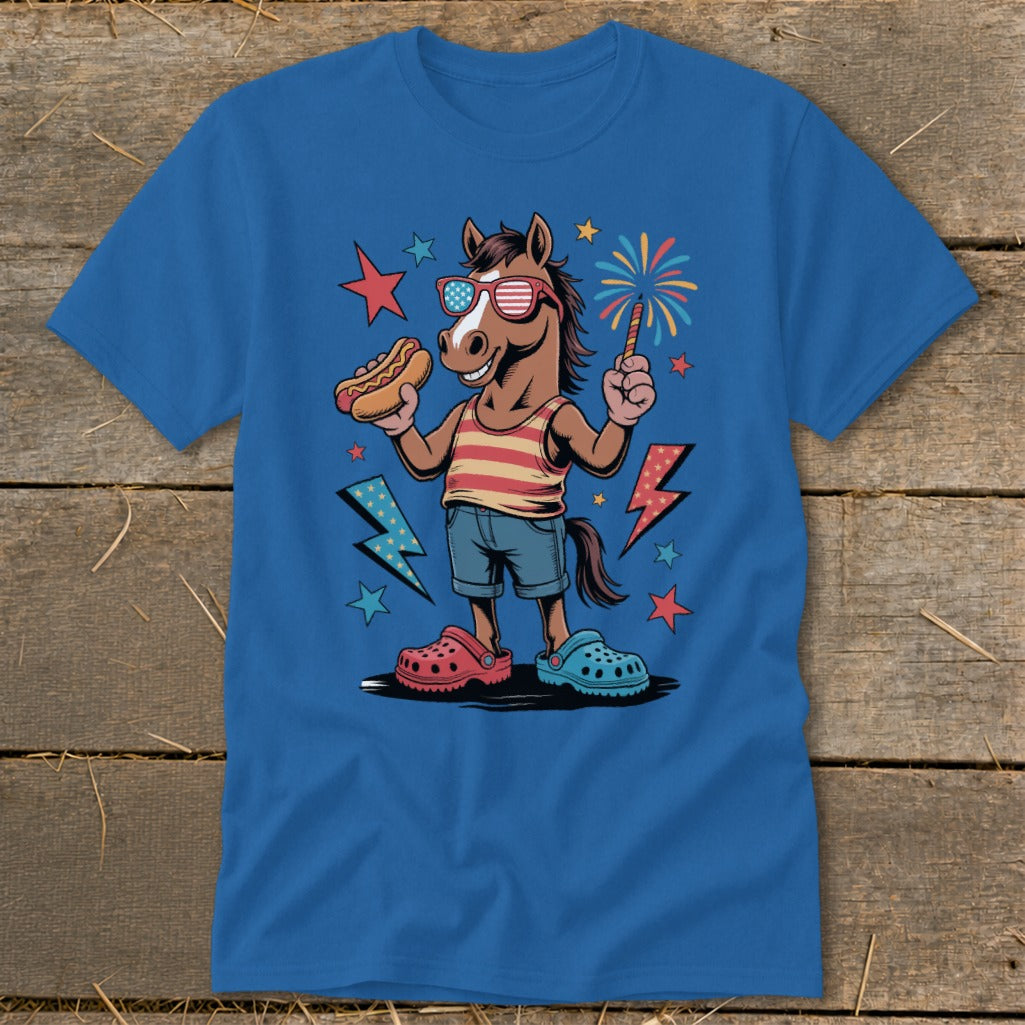 Cartoon horse wearing sunglasses, holding hot dog and sparkler, surrounded by fireworks and lightning bolts.