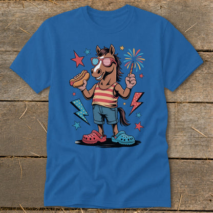 Cartoon horse wearing sunglasses, holding hot dog and sparkler, surrounded by fireworks and lightning bolts.
