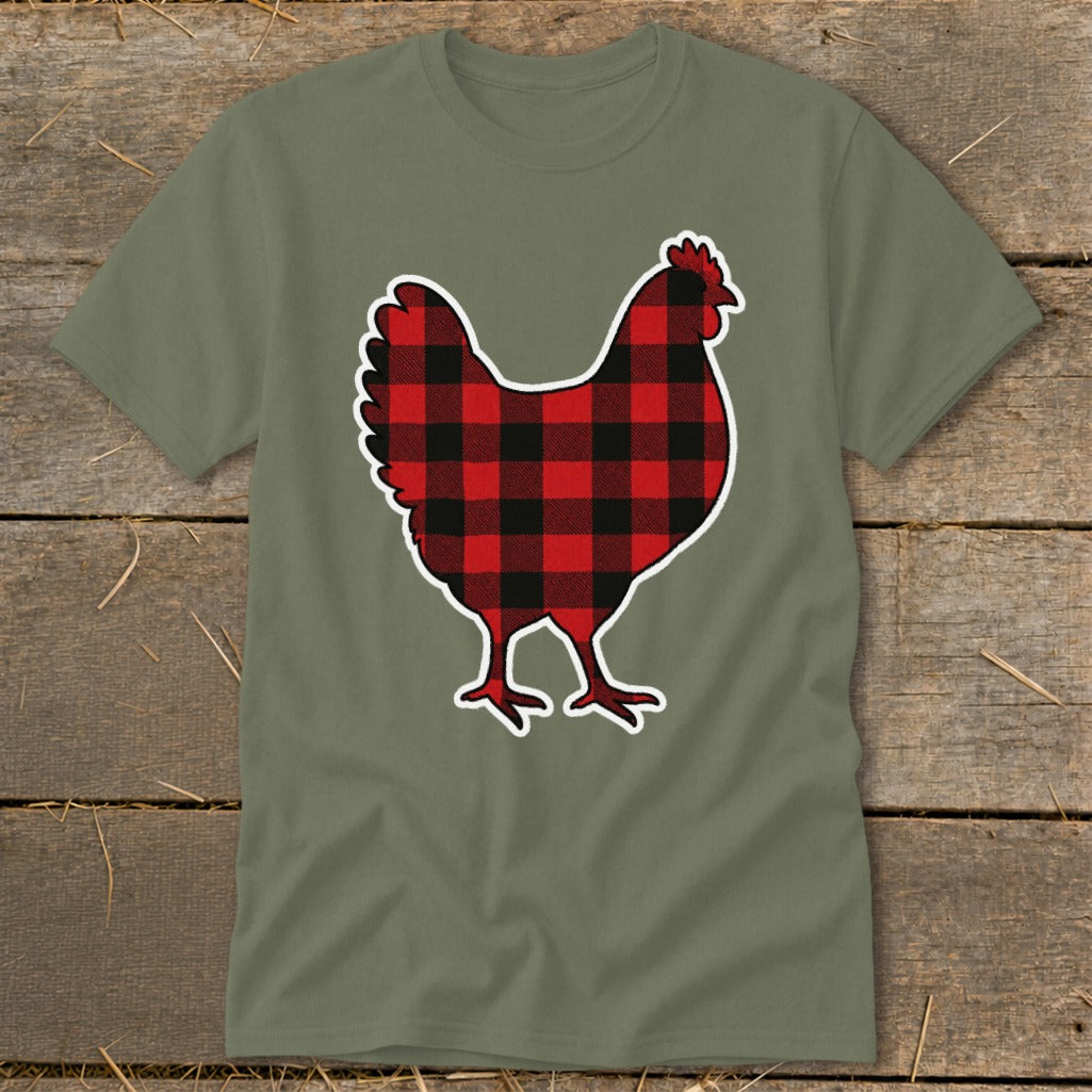 Olive green t-shirt with a red and black buffalo plaid chicken graphic.