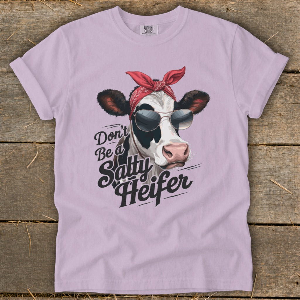 Cow wearing sunglasses and bandana with "Don't Be a Salty Heifer" text.