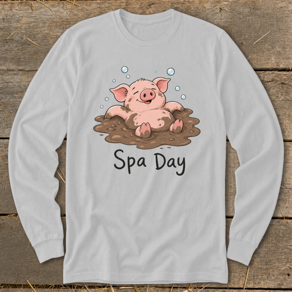 Cartoon pig relaxing in mud with "Spa Day" text.