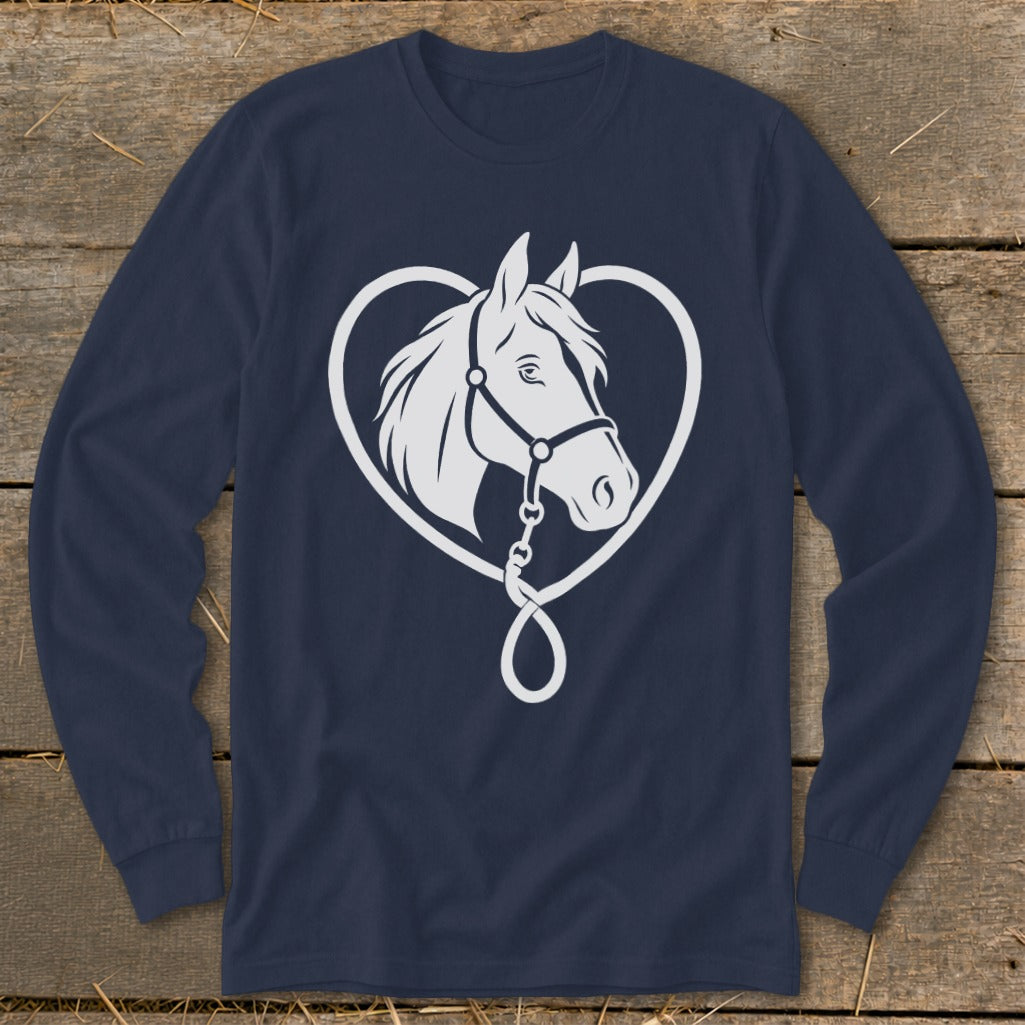 Dark blue long-sleeve t-shirt featuring a white graphic of a horse head inside a heart-shaped outline.