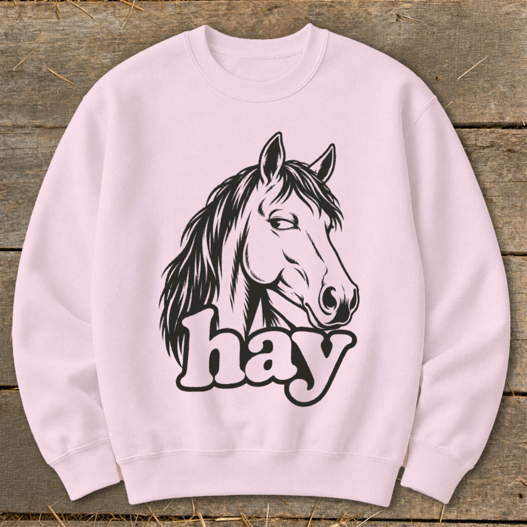 Pink sweatshirt with black horse head graphic and the word "hay."