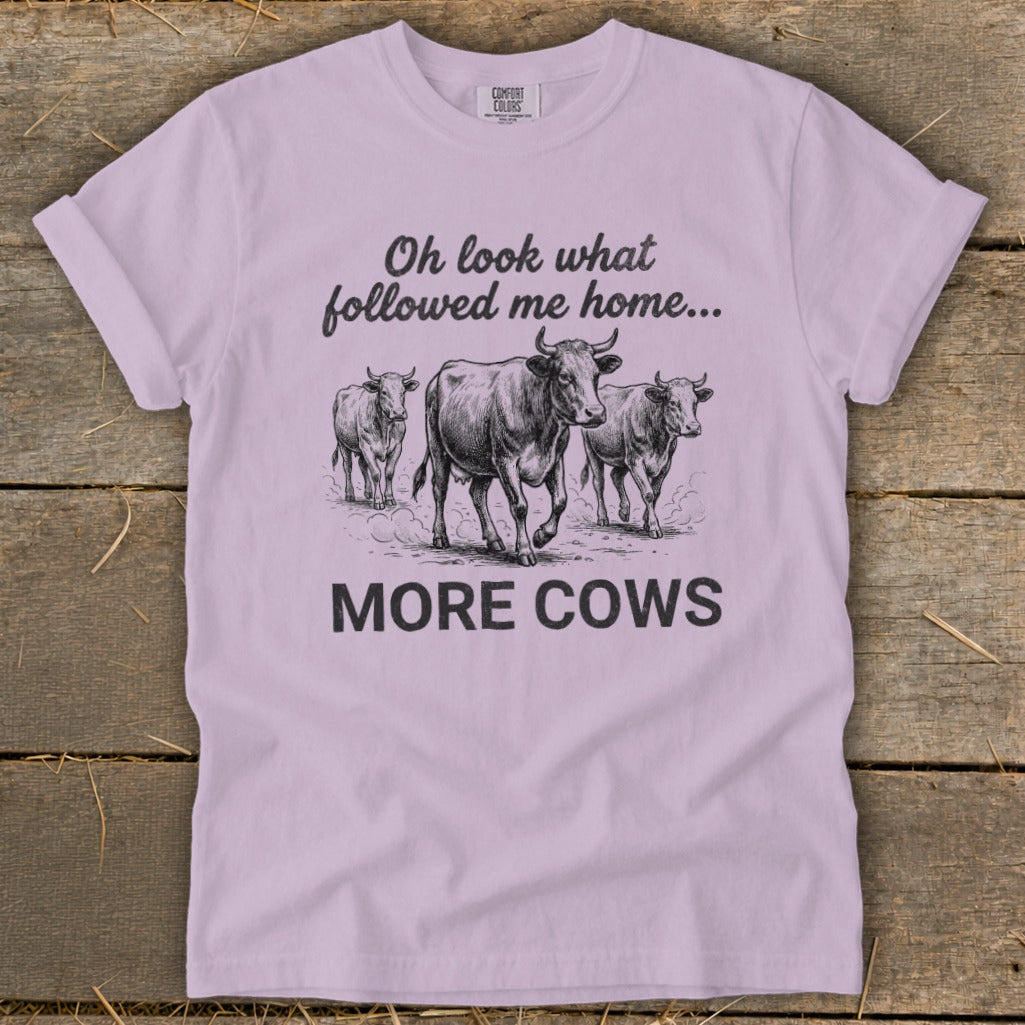 Lilac t-shirt with black graphic of three cows and text "Oh look what followed me home... MORE COWS".
