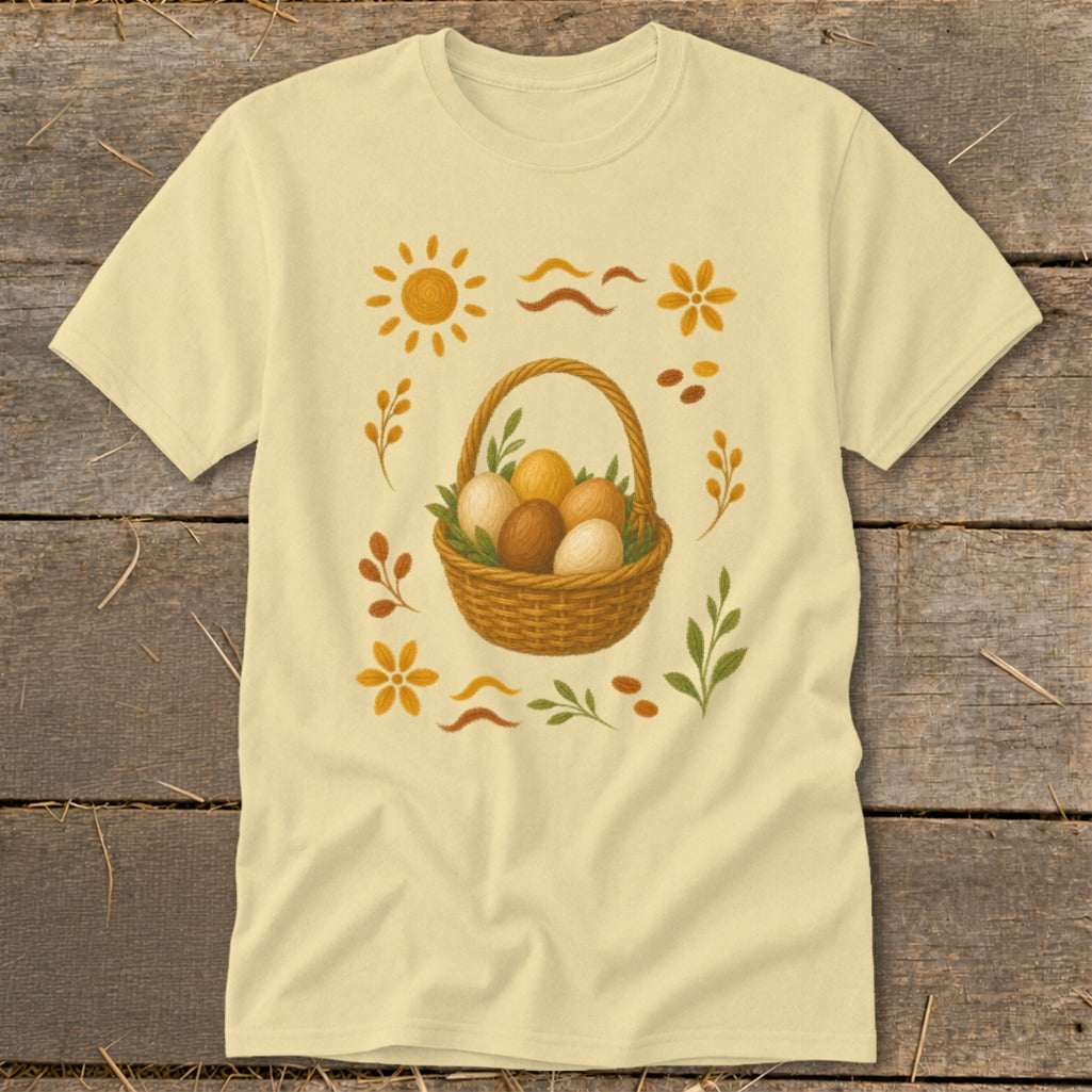 Light yellow t-shirt with a woven basket of brown and white eggs surrounded by floral and sun graphics.