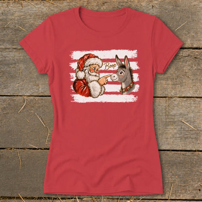 Santa booping a donkey with the word "Boop" on a red t-shirt.