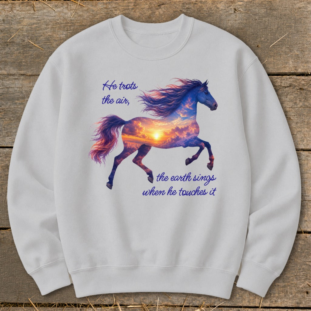 Light gray crewneck sweatshirt featuring a graphic of a galloping horse filled with a sunset sky and text.