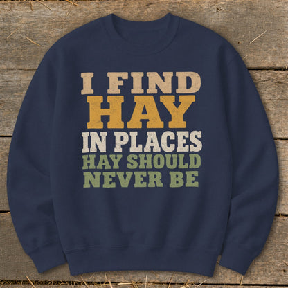 Navy sweatshirt with text "I FIND HAY IN PLACES HAY SHOULD NEVER BE".