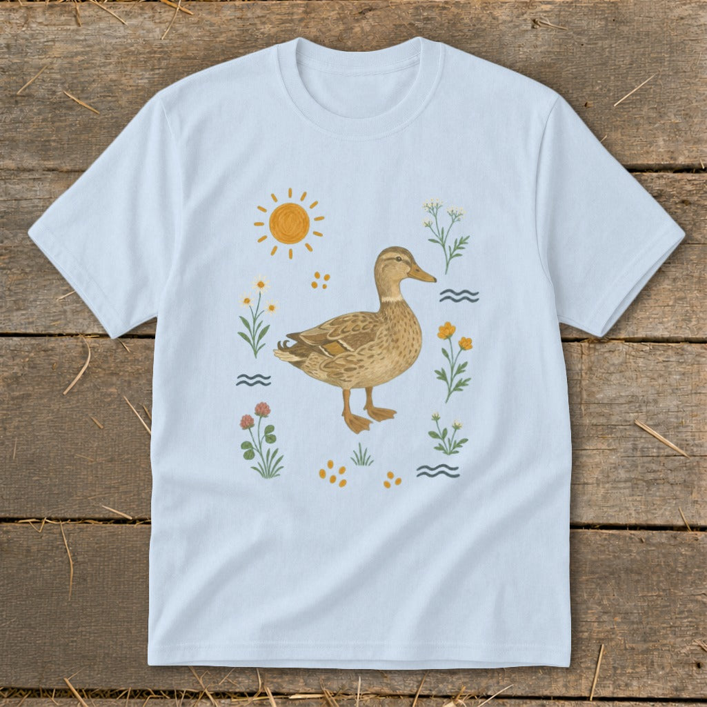 Light blue t-shirt with a watercolor duck and floral design.