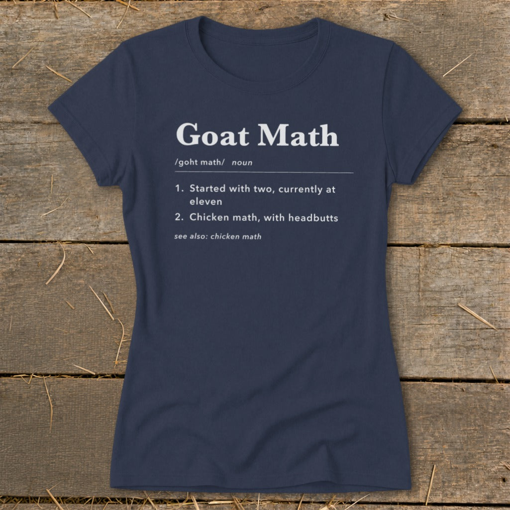 Navy t-shirt with "Goat Math" definition in white text.