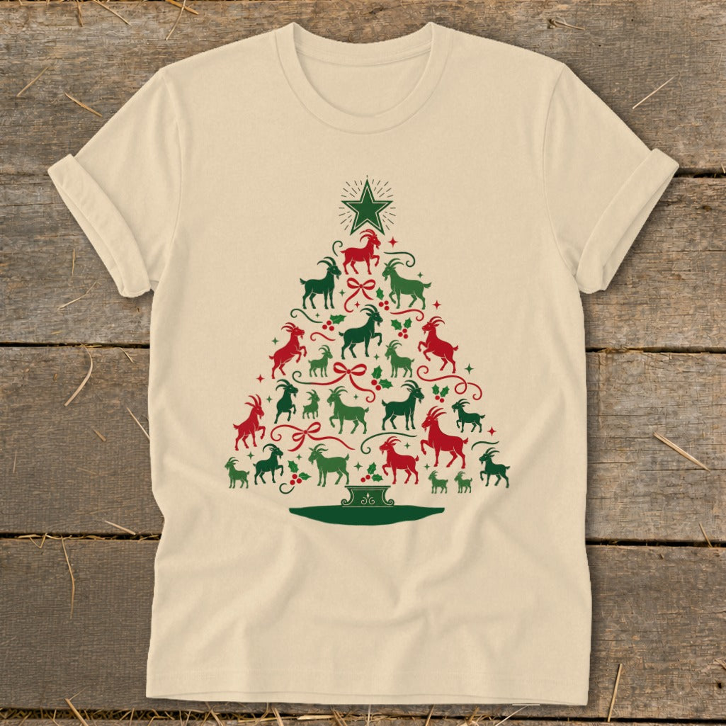 Cream t-shirt with a Christmas tree made of red and green goats.