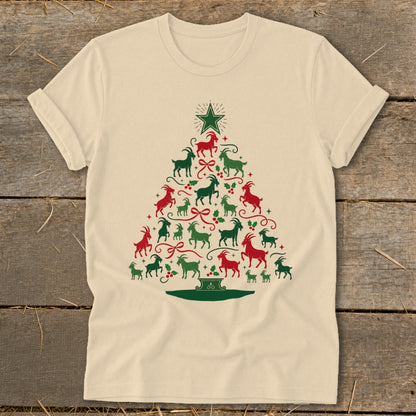 Cream t-shirt with a Christmas tree made of red and green goats.