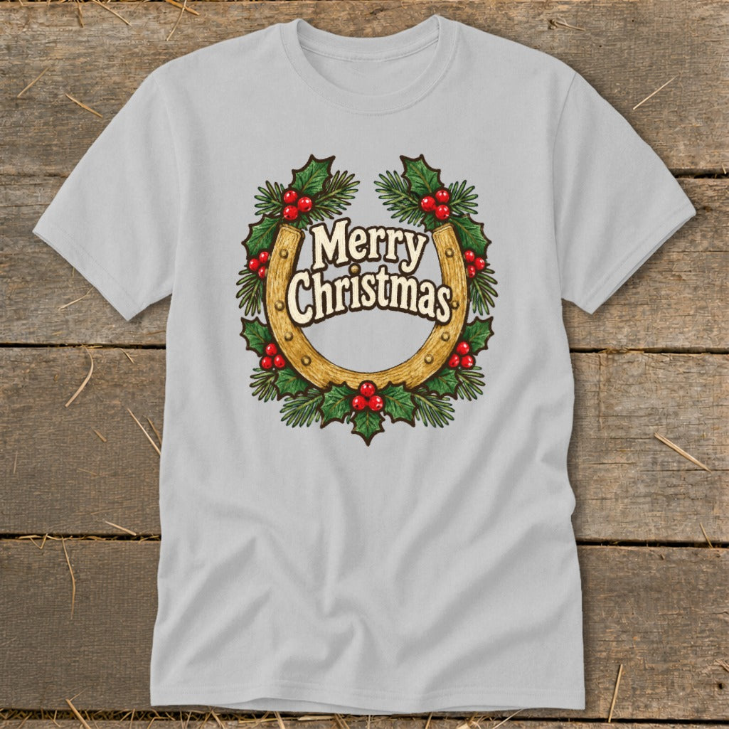 Light grey t-shirt with horseshoe wreath and "Merry Christmas" text.