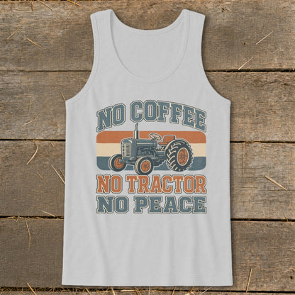 Tank top with "No Coffee No Tractor No Peace" and vintage tractor graphic.