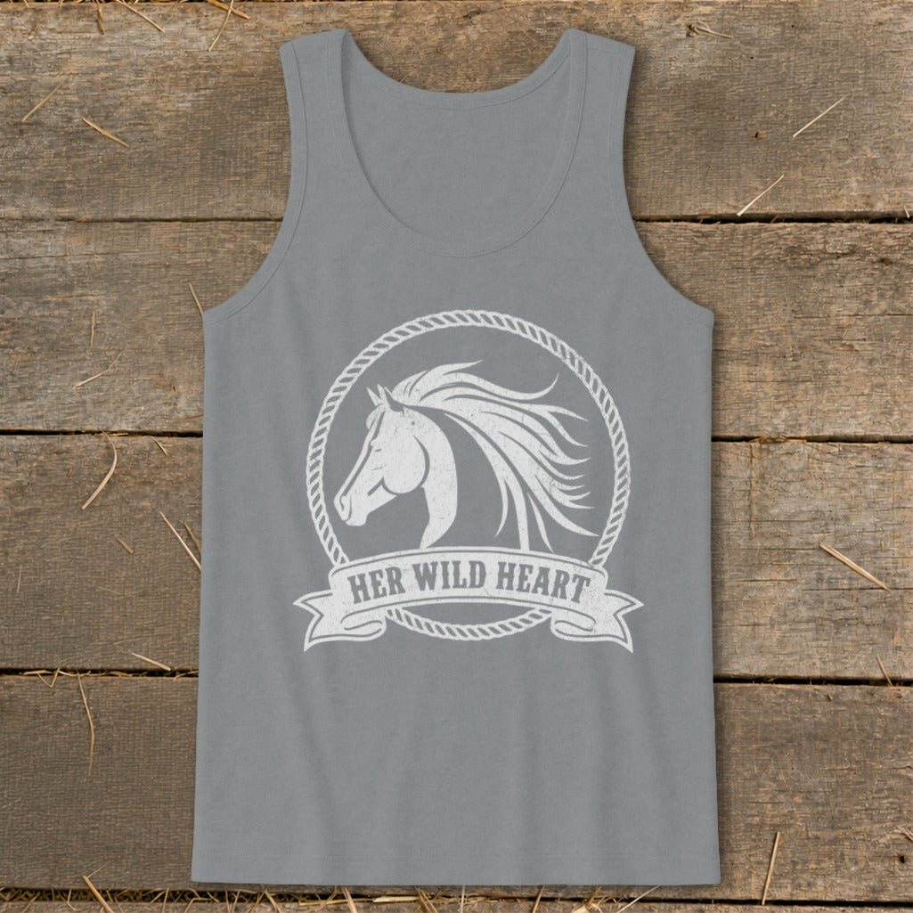 Gray tank top with white horse graphic and text "HER WILD HEART".