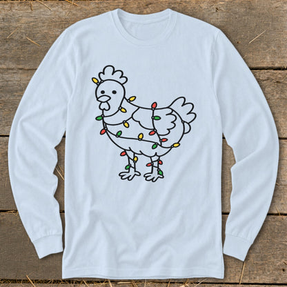 Light blue long-sleeve shirt with a black outline of a chicken wrapped in Christmas lights.