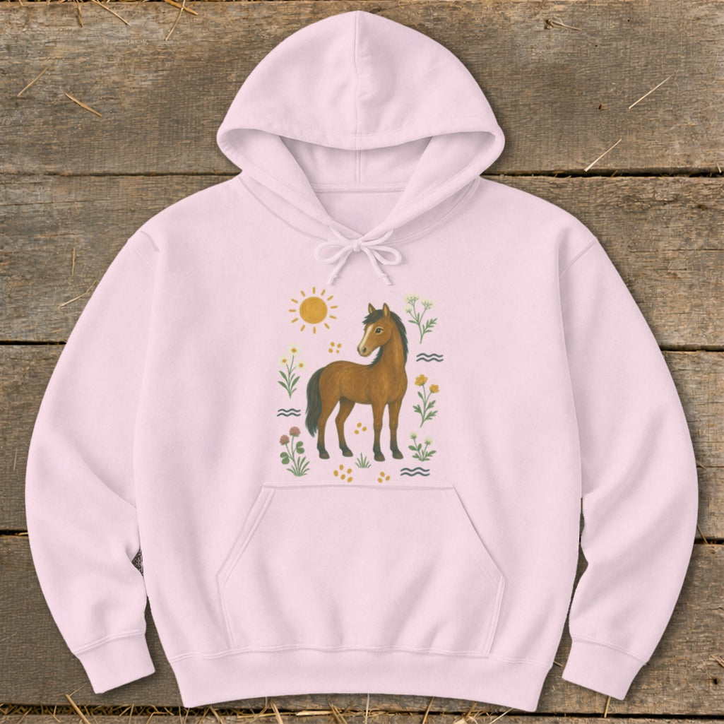 Pink hoodie with a brown horse, sun, and floral illustration.