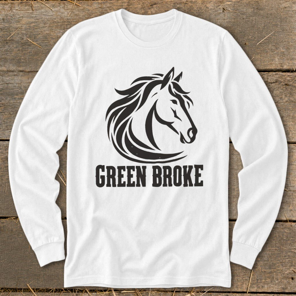 A white long-sleeve t-shirt with a black horse head graphic and the text GREEN BROKE below it.