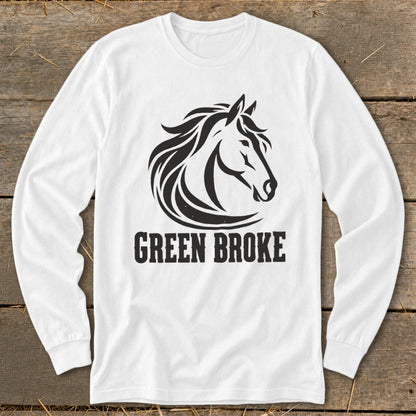 A white long-sleeve t-shirt with a black horse head graphic and the text GREEN BROKE below it.