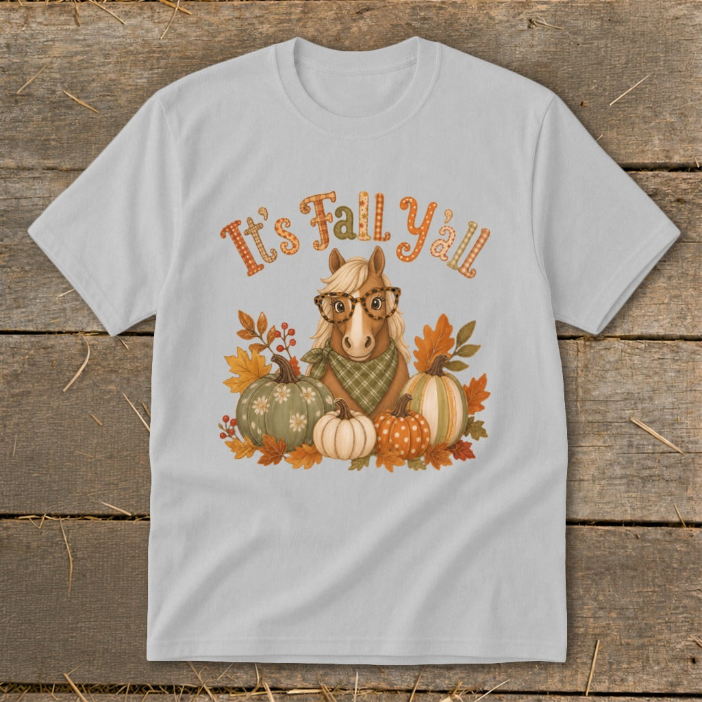 Horse wearing glasses with pumpkins and "It's Fall Y'all" text.