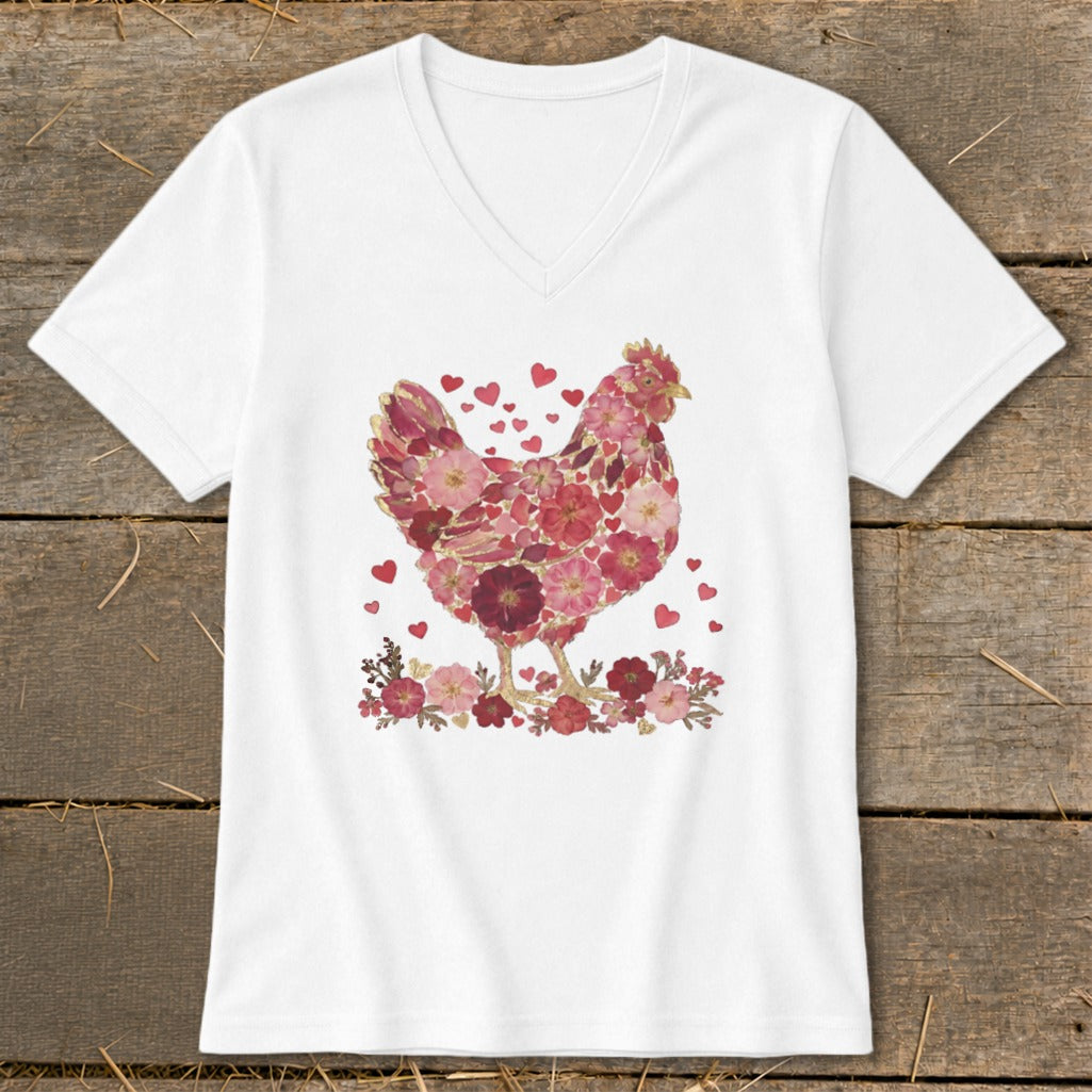 White v-neck t-shirt with a chicken illustration made of pink and red flowers and hearts.