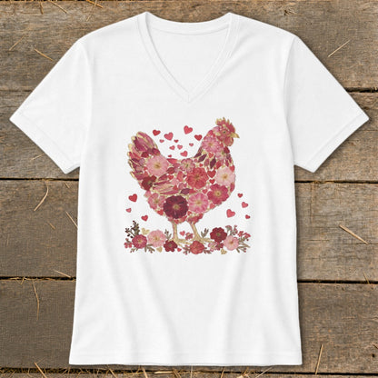 White v-neck t-shirt with a chicken illustration made of pink and red flowers and hearts.