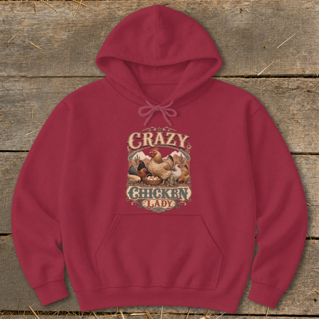 Maroon hoodie with "Crazy Chicken Lady" graphic featuring chickens and eggs.
