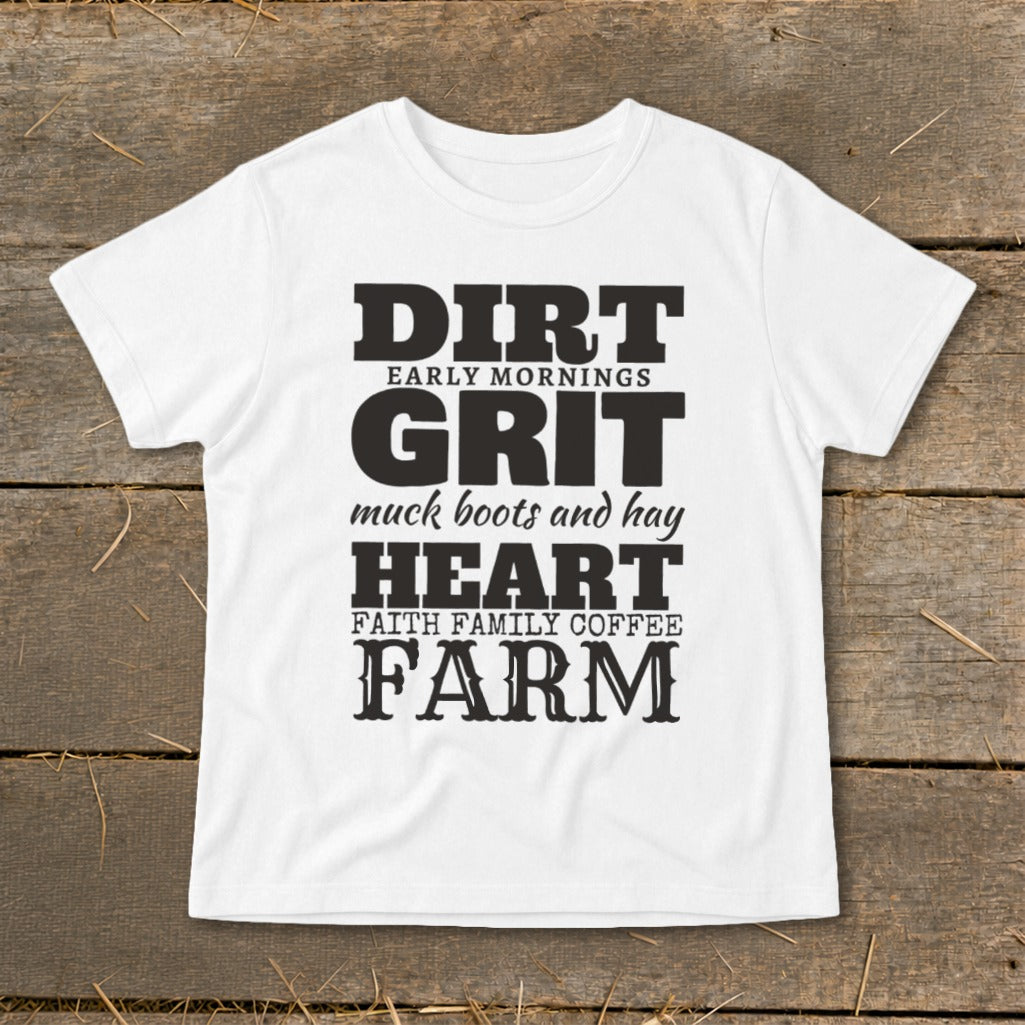 White t-shirt with black text: DIRT, GRIT, HEART, FARM, and related phrases.