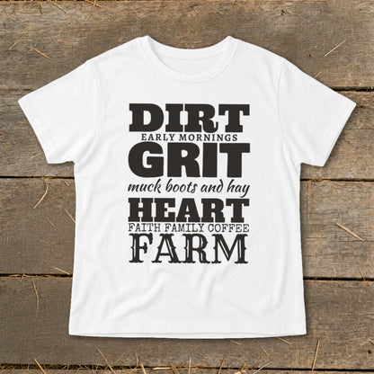 White t-shirt with black text: DIRT, GRIT, HEART, FARM, and related phrases.