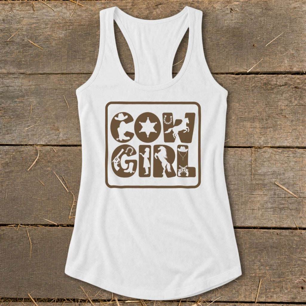 White tank top with brown "COWGIRL" text and western graphics.