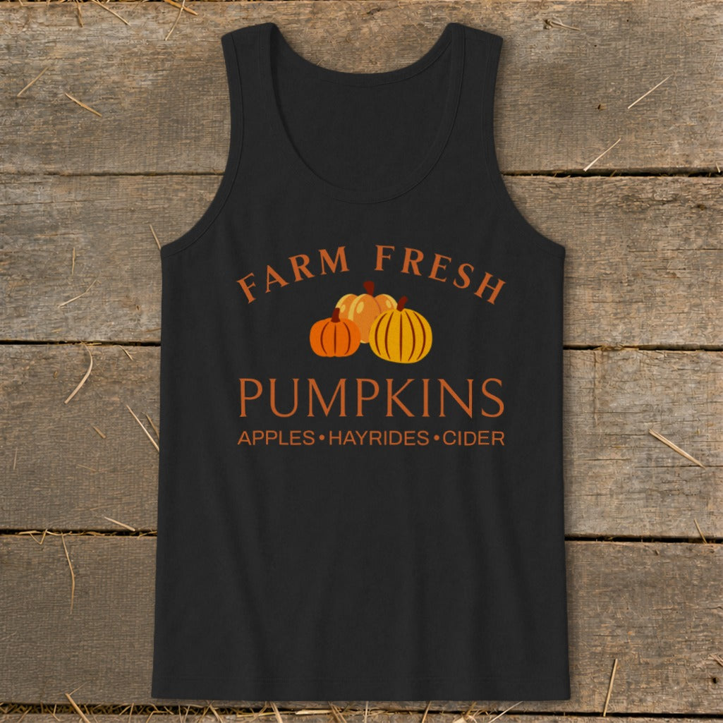 Black tank top with "Farm Fresh Pumpkins Apples, Hayrides, Cider" graphic and pumpkins.