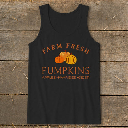 Black tank top with "Farm Fresh Pumpkins Apples, Hayrides, Cider" graphic and pumpkins.